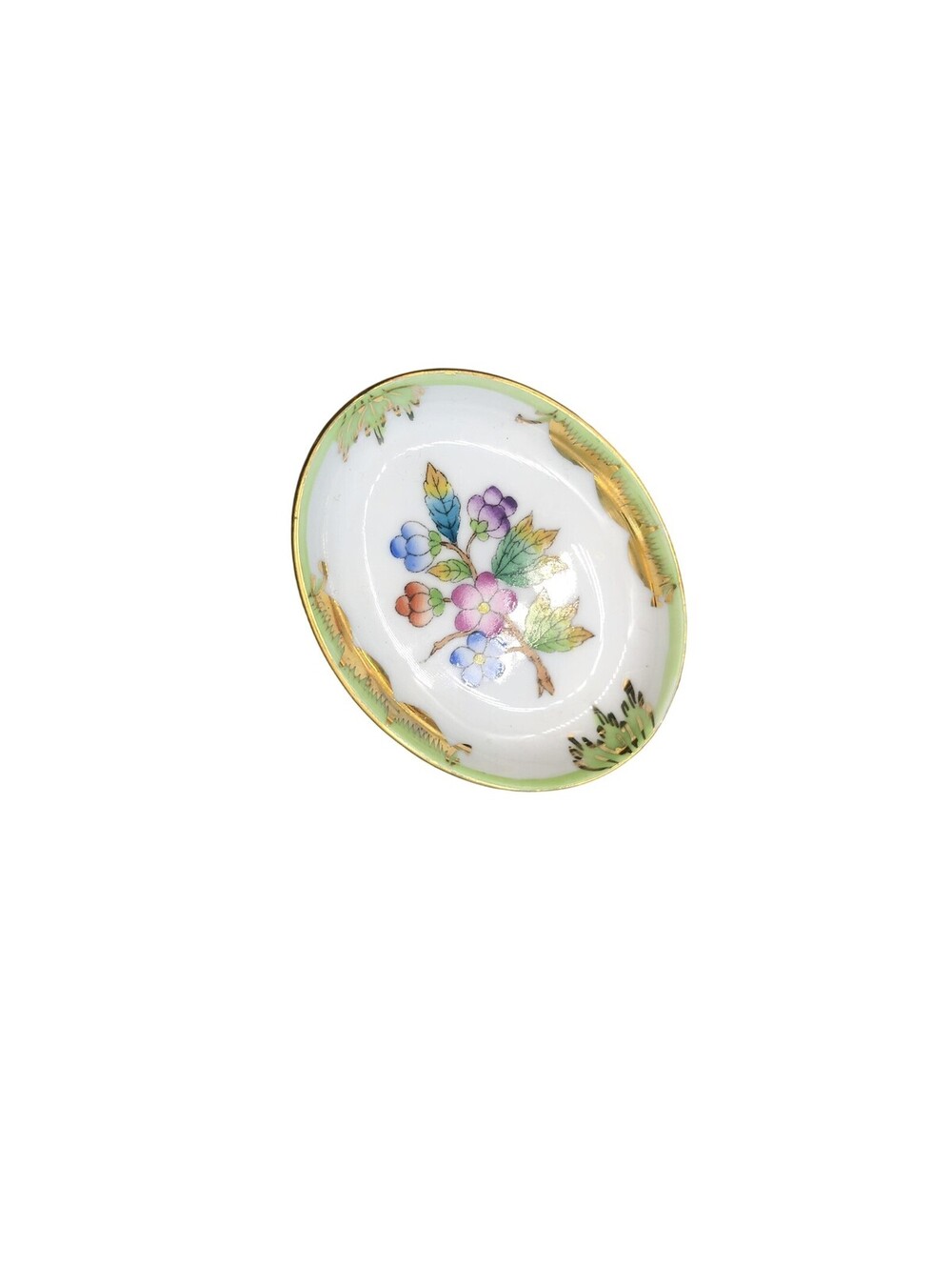 Herend Hand Painted Porcelain Ashtray Floral Oval White Green Gold Dish Decor
